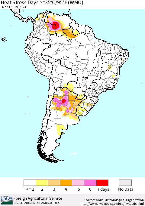 South America Heat Stress Days >=35°C/95°F (WMO) Thematic Map For 3/13/2023 - 3/19/2023