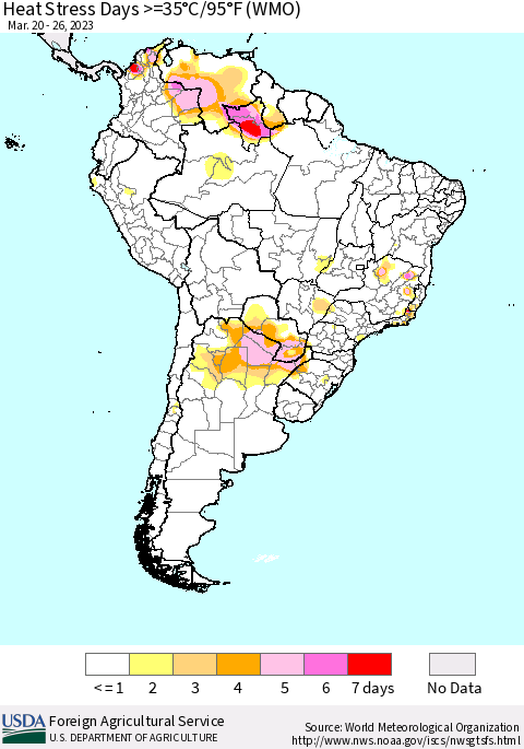South America Heat Stress Days >=35°C/95°F (WMO) Thematic Map For 3/20/2023 - 3/26/2023