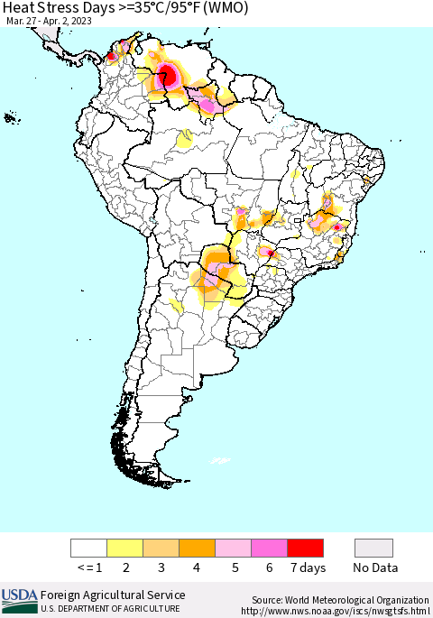 South America Heat Stress Days >=35°C/95°F (WMO) Thematic Map For 3/27/2023 - 4/2/2023