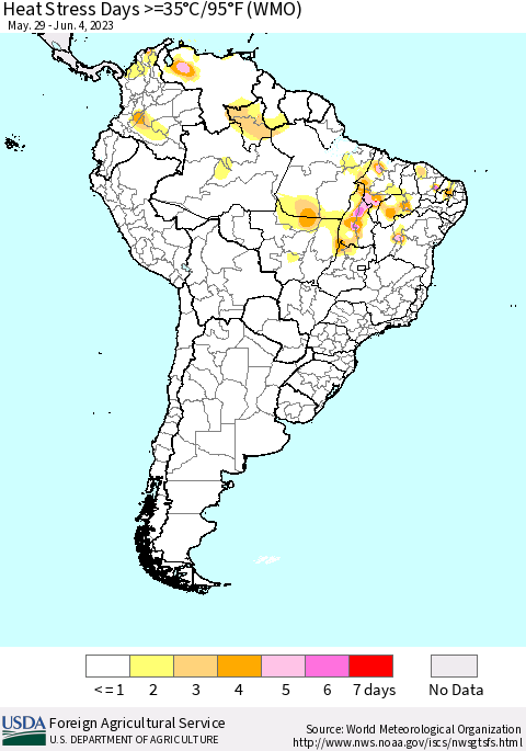 South America Heat Stress Days >=35°C/95°F (WMO) Thematic Map For 5/29/2023 - 6/4/2023