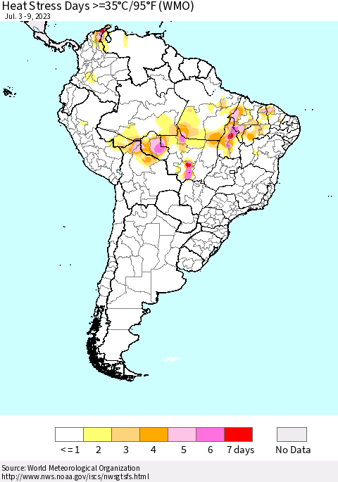 South America Heat Stress Days >=35°C/95°F (WMO) Thematic Map For 7/3/2023 - 7/9/2023