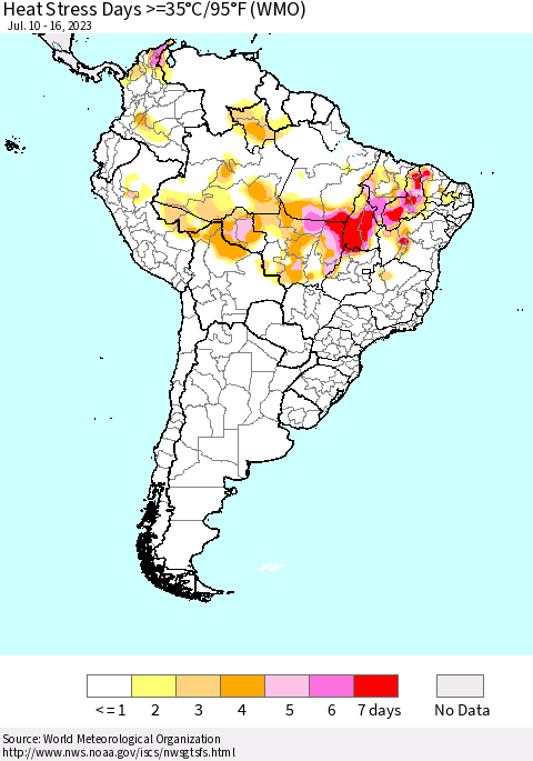South America Heat Stress Days >=35°C/95°F (WMO) Thematic Map For 7/10/2023 - 7/16/2023