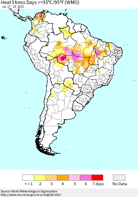 South America Heat Stress Days >=35°C/95°F (WMO) Thematic Map For 7/17/2023 - 7/23/2023