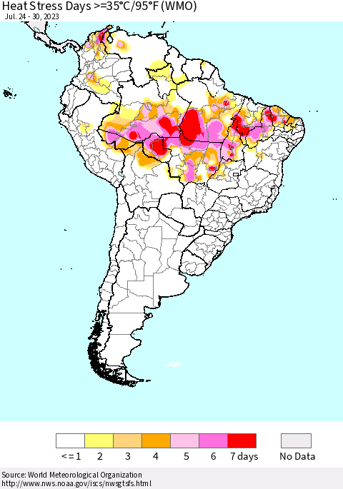 South America Heat Stress Days >=35°C/95°F (WMO) Thematic Map For 7/24/2023 - 7/30/2023