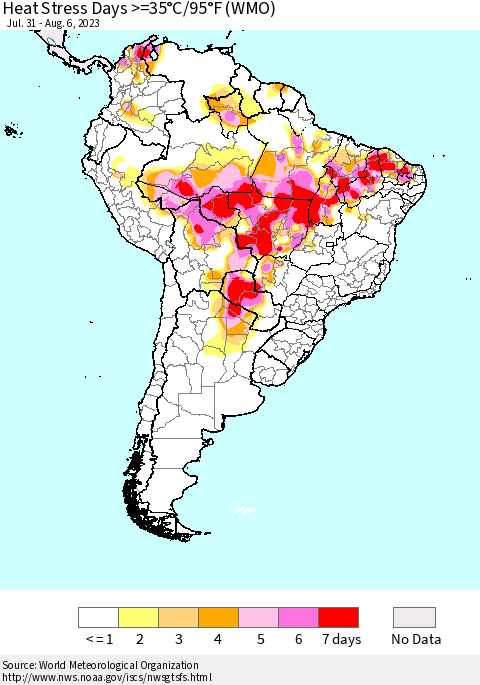 South America Heat Stress Days >=35°C/95°F (WMO) Thematic Map For 7/31/2023 - 8/6/2023