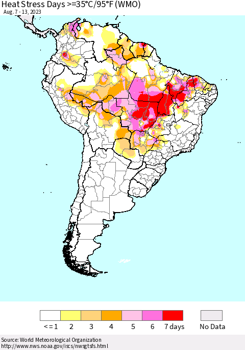 South America Heat Stress Days >=35°C/95°F (WMO) Thematic Map For 8/7/2023 - 8/13/2023