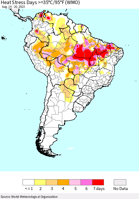 South America Heat Stress Days >=35°C/95°F (WMO) Thematic Map For 8/14/2023 - 8/20/2023