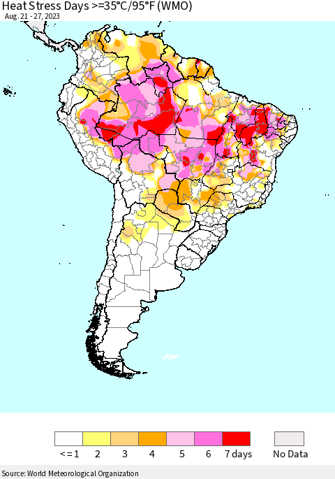 South America Heat Stress Days >=35°C/95°F (WMO) Thematic Map For 8/21/2023 - 8/27/2023