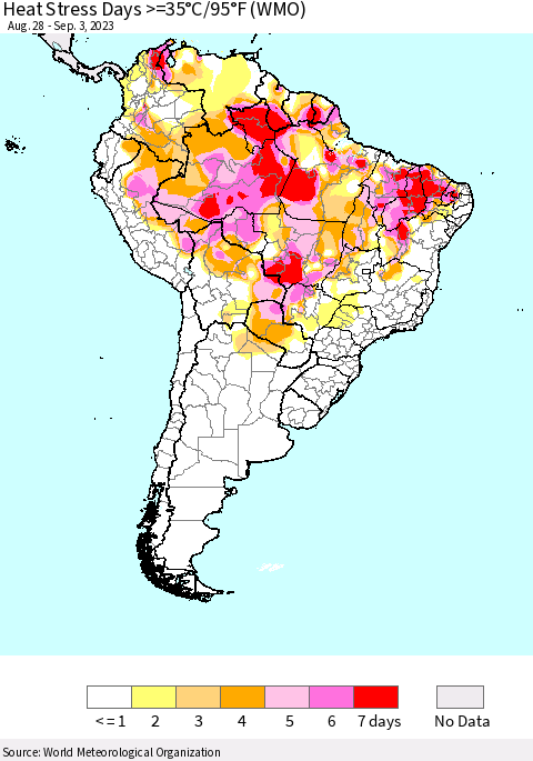 South America Heat Stress Days >=35°C/95°F (WMO) Thematic Map For 8/28/2023 - 9/3/2023