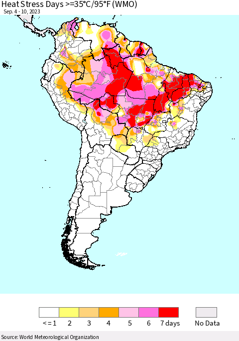 South America Heat Stress Days >=35°C/95°F (WMO) Thematic Map For 9/4/2023 - 9/10/2023