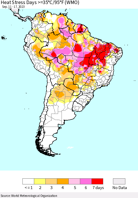South America Heat Stress Days >=35°C/95°F (WMO) Thematic Map For 9/11/2023 - 9/17/2023