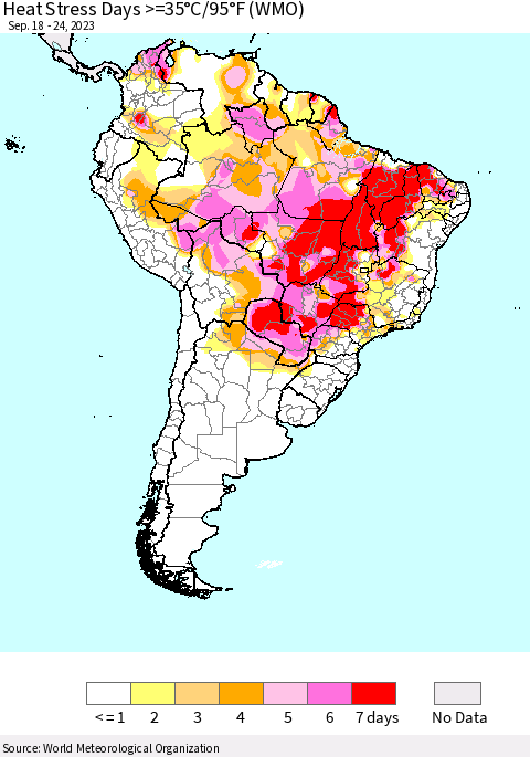 South America Heat Stress Days >=35°C/95°F (WMO) Thematic Map For 9/18/2023 - 9/24/2023