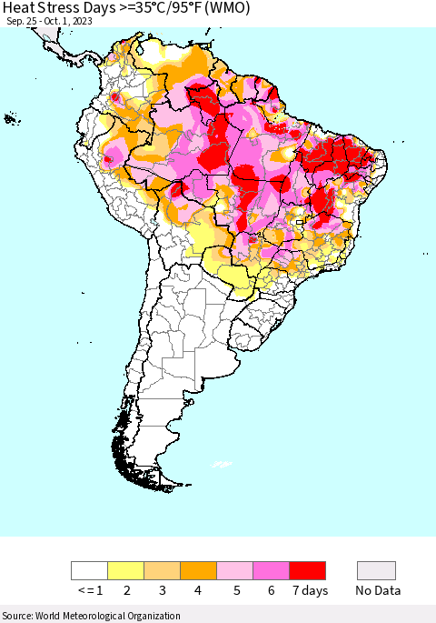South America Heat Stress Days >=35°C/95°F (WMO) Thematic Map For 9/25/2023 - 10/1/2023