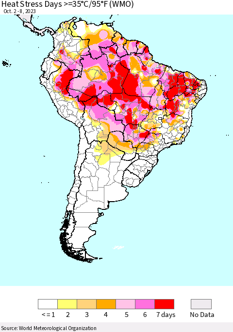 South America Heat Stress Days >=35°C/95°F (WMO) Thematic Map For 10/2/2023 - 10/8/2023