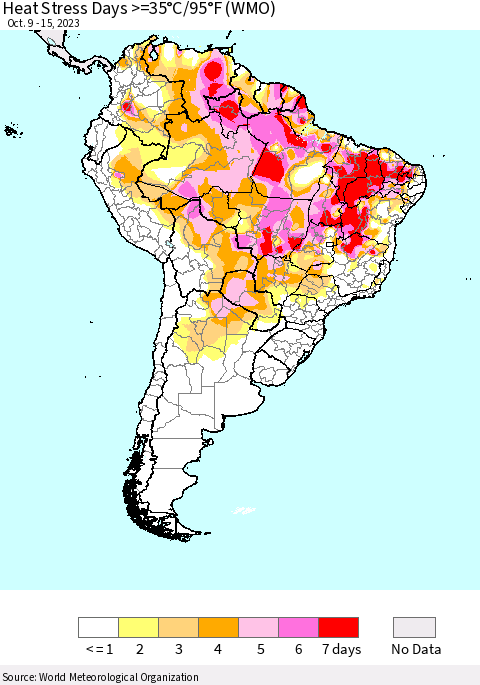 South America Heat Stress Days >=35°C/95°F (WMO) Thematic Map For 10/9/2023 - 10/15/2023