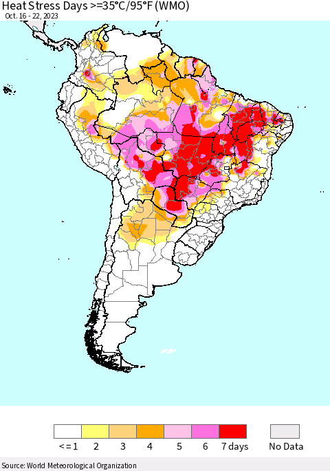 South America Heat Stress Days >=35°C/95°F (WMO) Thematic Map For 10/16/2023 - 10/22/2023