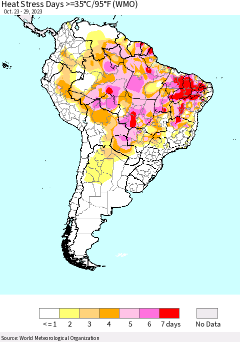 South America Heat Stress Days >=35°C/95°F (WMO) Thematic Map For 10/23/2023 - 10/29/2023