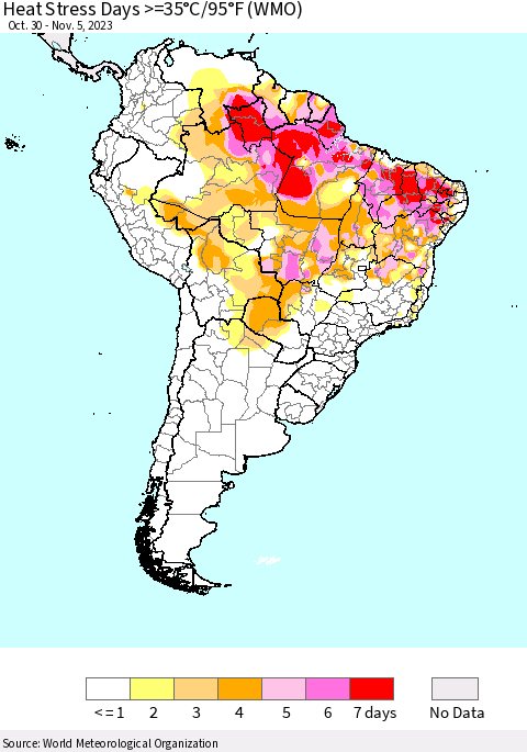 South America Heat Stress Days >=35°C/95°F (WMO) Thematic Map For 10/30/2023 - 11/5/2023