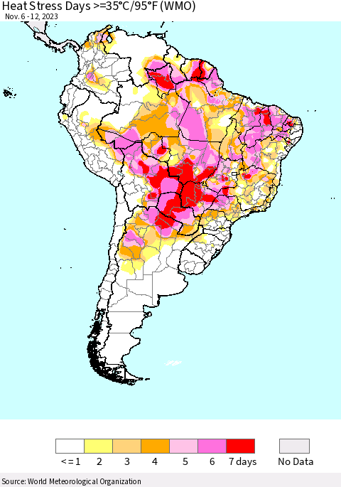 South America Heat Stress Days >=35°C/95°F (WMO) Thematic Map For 11/6/2023 - 11/12/2023