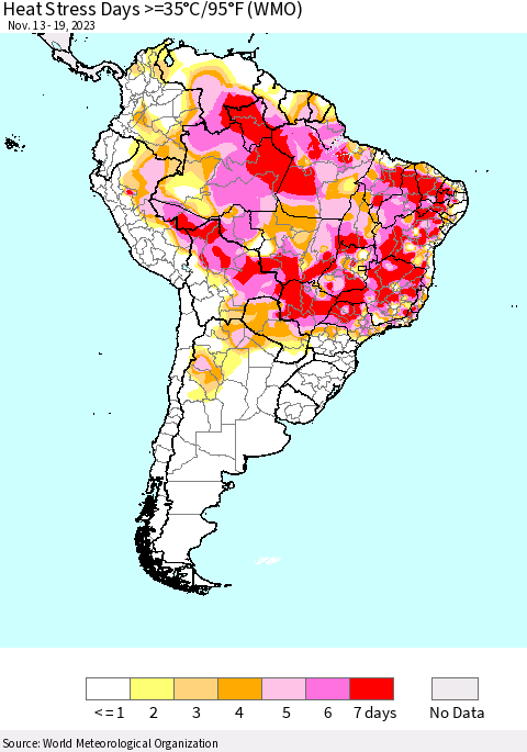 South America Heat Stress Days >=35°C/95°F (WMO) Thematic Map For 11/13/2023 - 11/19/2023