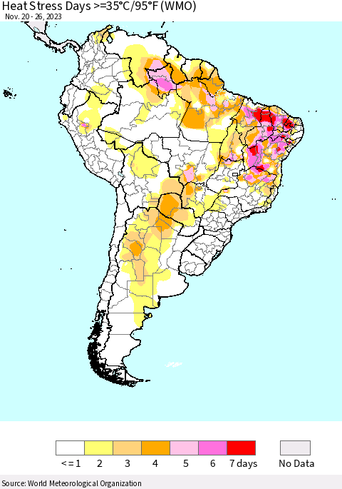 South America Heat Stress Days >=35°C/95°F (WMO) Thematic Map For 11/20/2023 - 11/26/2023
