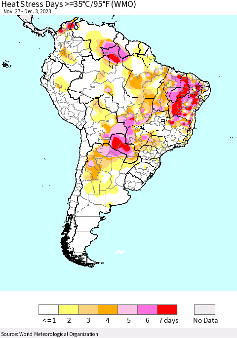 South America Heat Stress Days >=35°C/95°F (WMO) Thematic Map For 11/27/2023 - 12/3/2023