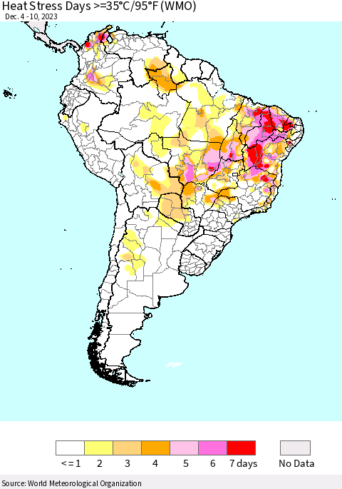 South America Heat Stress Days >=35°C/95°F (WMO) Thematic Map For 12/4/2023 - 12/10/2023