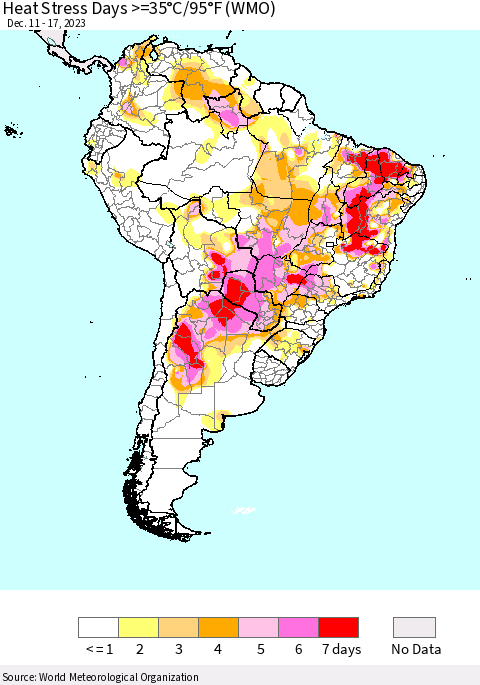 South America Heat Stress Days >=35°C/95°F (WMO) Thematic Map For 12/11/2023 - 12/17/2023