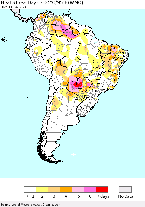 South America Heat Stress Days >=35°C/95°F (WMO) Thematic Map For 12/18/2023 - 12/24/2023