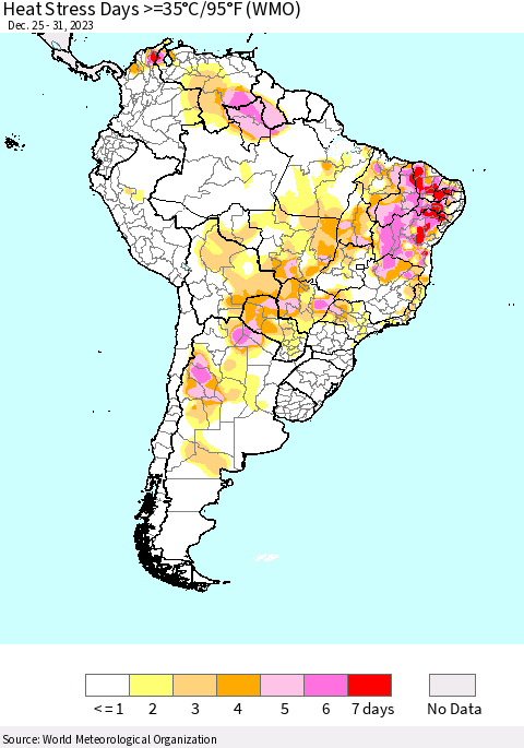 South America Heat Stress Days >=35°C/95°F (WMO) Thematic Map For 12/25/2023 - 12/31/2023