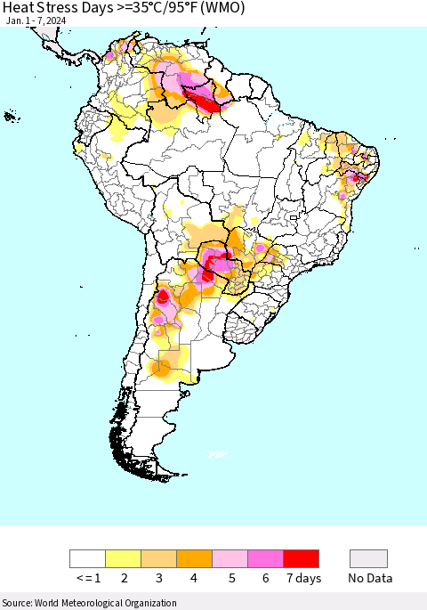 South America Heat Stress Days >=35°C/95°F (WMO) Thematic Map For 1/1/2024 - 1/7/2024