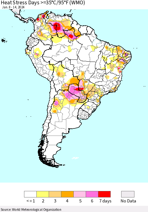 South America Heat Stress Days >=35°C/95°F (WMO) Thematic Map For 1/8/2024 - 1/14/2024