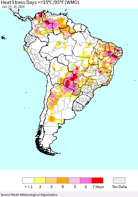 South America Heat Stress Days >=35°C/95°F (WMO) Thematic Map For 1/15/2024 - 1/21/2024