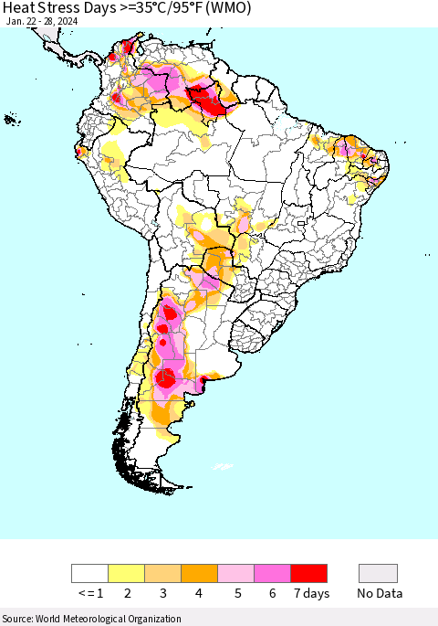 South America Heat Stress Days >=35°C/95°F (WMO) Thematic Map For 1/22/2024 - 1/28/2024