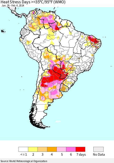 South America Heat Stress Days >=35°C/95°F (WMO) Thematic Map For 1/29/2024 - 2/4/2024
