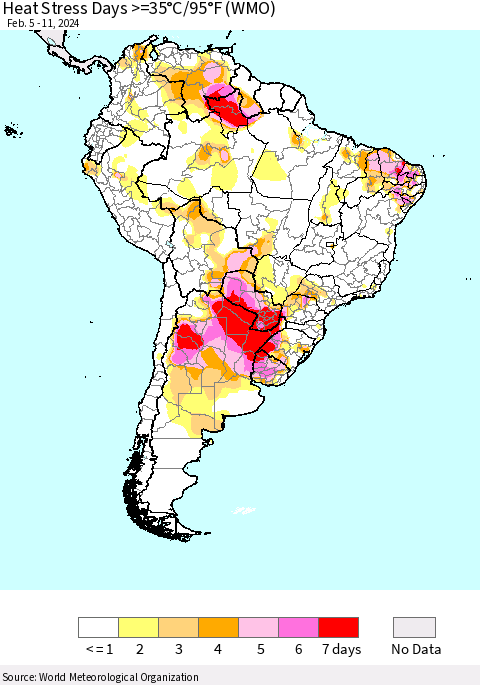 South America Heat Stress Days >=35°C/95°F (WMO) Thematic Map For 2/5/2024 - 2/11/2024