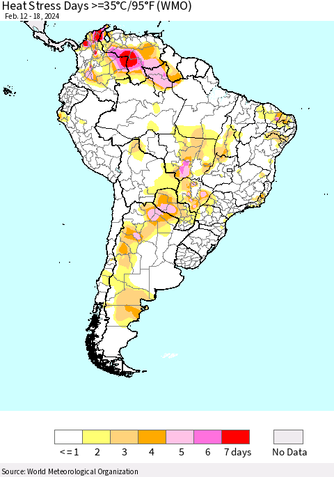 South America Heat Stress Days >=35°C/95°F (WMO) Thematic Map For 2/12/2024 - 2/18/2024