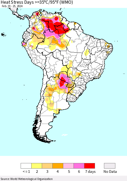South America Heat Stress Days >=35°C/95°F (WMO) Thematic Map For 2/19/2024 - 2/25/2024