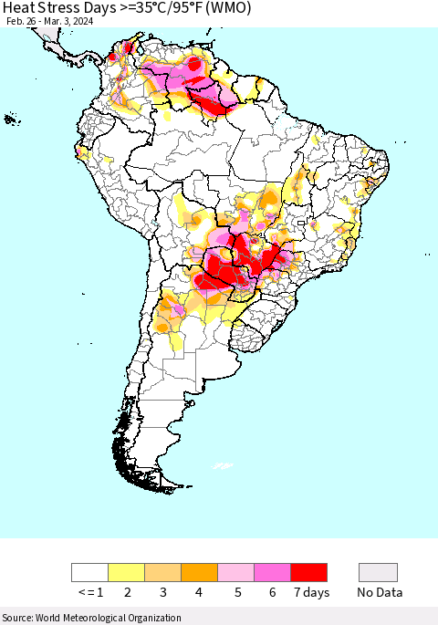 South America Heat Stress Days >=35°C/95°F (WMO) Thematic Map For 2/26/2024 - 3/3/2024