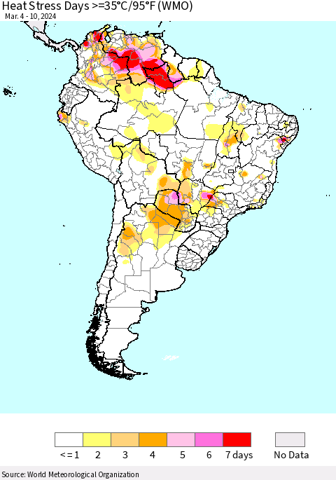 South America Heat Stress Days >=35°C/95°F (WMO) Thematic Map For 3/4/2024 - 3/10/2024