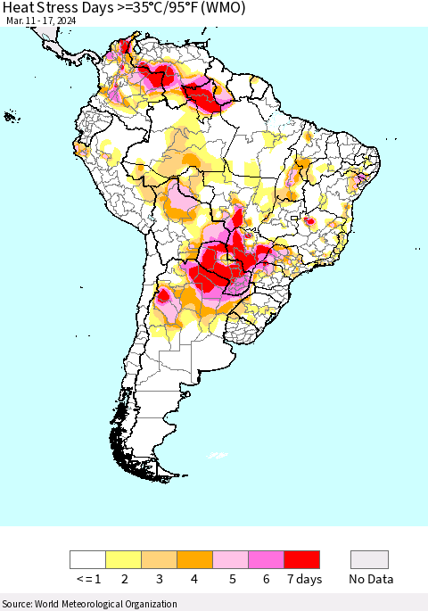 South America Heat Stress Days >=35°C/95°F (WMO) Thematic Map For 3/11/2024 - 3/17/2024