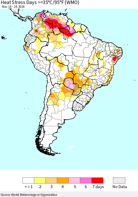 South America Heat Stress Days >=35°C/95°F (WMO) Thematic Map For 3/18/2024 - 3/24/2024