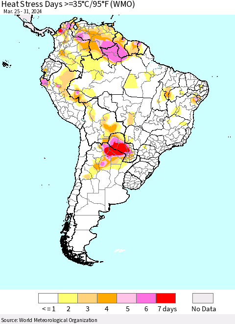 South America Heat Stress Days >=35°C/95°F (WMO) Thematic Map For 3/25/2024 - 3/31/2024