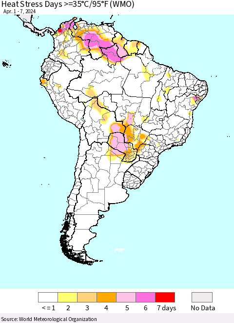 South America Heat Stress Days >=35°C/95°F (WMO) Thematic Map For 4/1/2024 - 4/7/2024