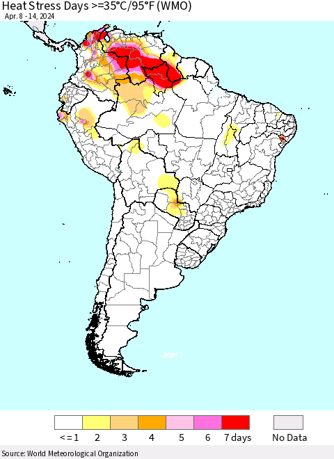 South America Heat Stress Days >=35°C/95°F (WMO) Thematic Map For 4/8/2024 - 4/14/2024