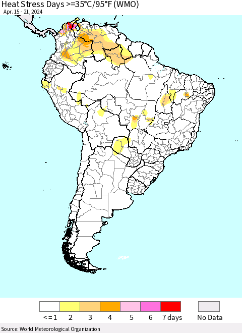 South America Heat Stress Days >=35°C/95°F (WMO) Thematic Map For 4/15/2024 - 4/21/2024