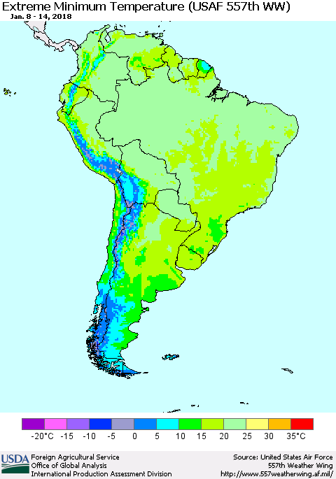 South America Minimum Daily Temperature (USAF 557th WW) Thematic Map For 1/8/2018 - 1/14/2018