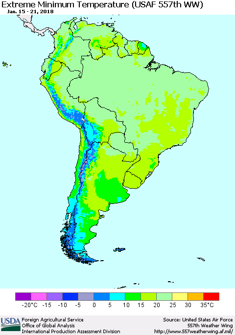 South America Minimum Daily Temperature (USAF 557th WW) Thematic Map For 1/15/2018 - 1/21/2018