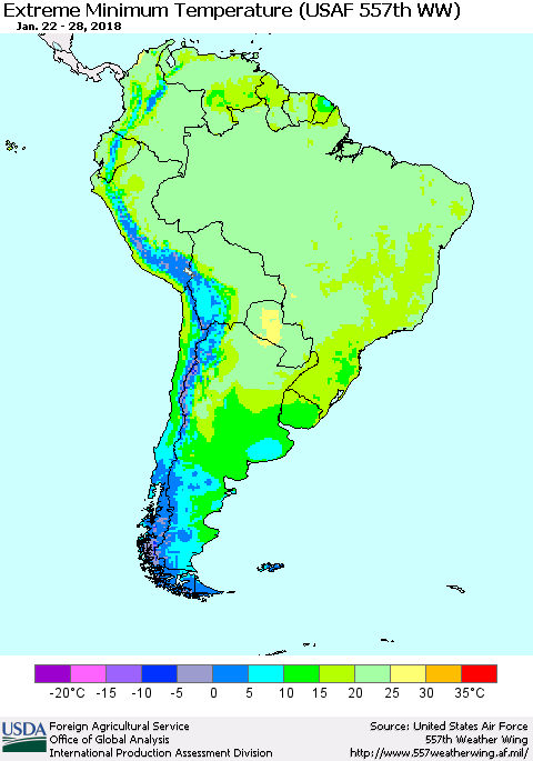 South America Minimum Daily Temperature (USAF 557th WW) Thematic Map For 1/22/2018 - 1/28/2018