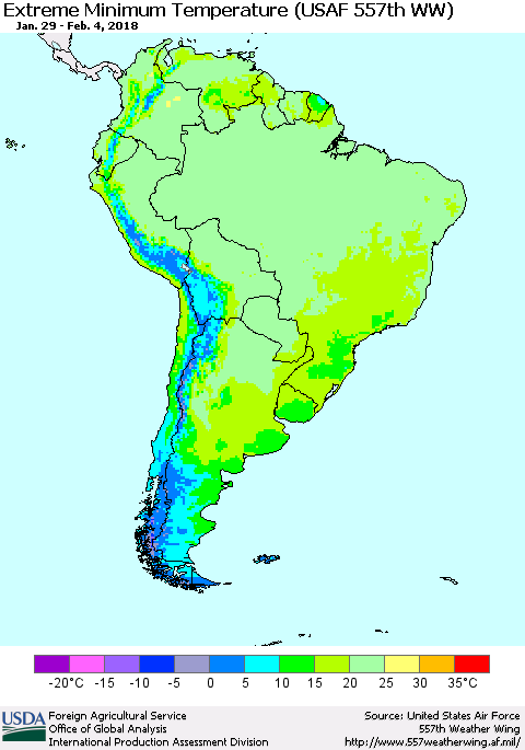 South America Minimum Daily Temperature (USAF 557th WW) Thematic Map For 1/29/2018 - 2/4/2018